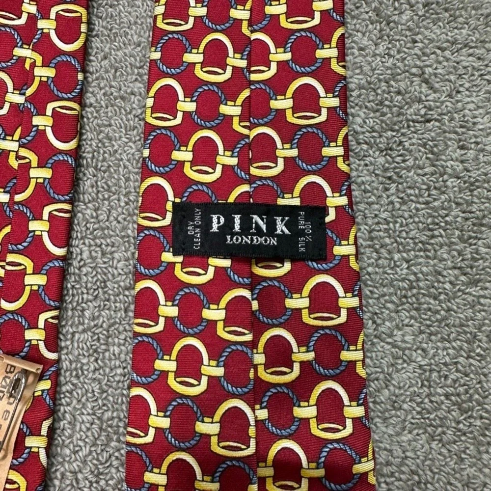 Thomas Pink London Mens Silk Tie Red Gold Navy Blue Equestrian Link England